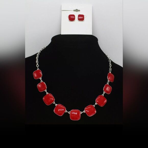Silver Necklace & Earrings with Gloss Red Enamel NWT 18" - Picture 1 of 5